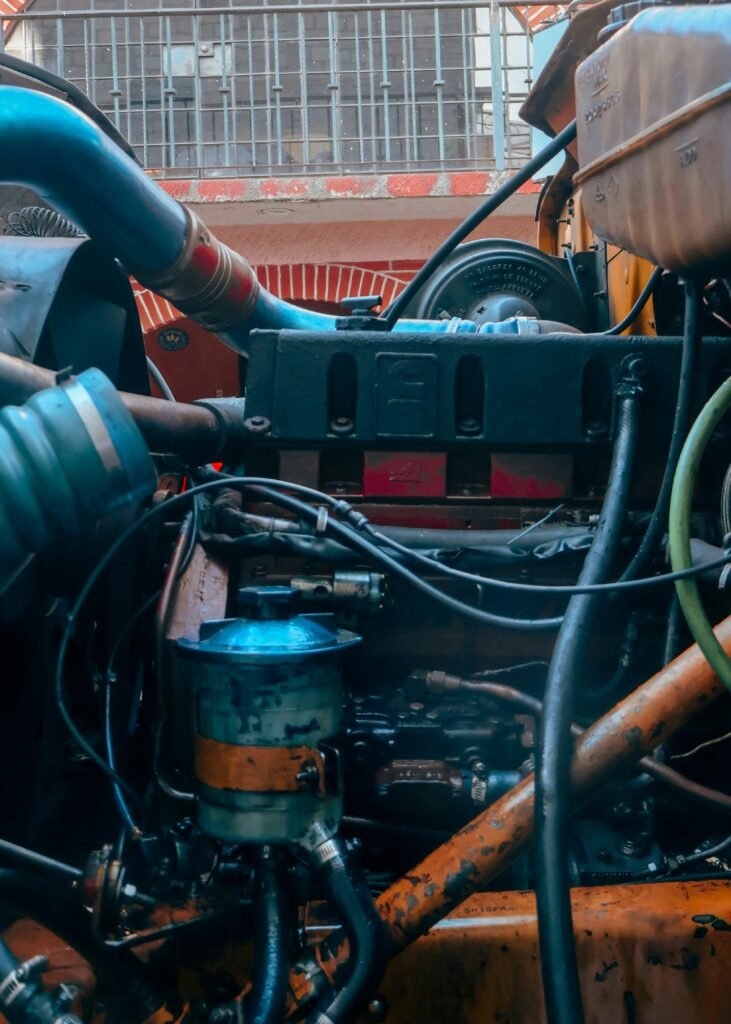 Close-up of a diesel truck engine with pipes and wires, the kind of engine handled during diesel repair in Fort Lauderdale